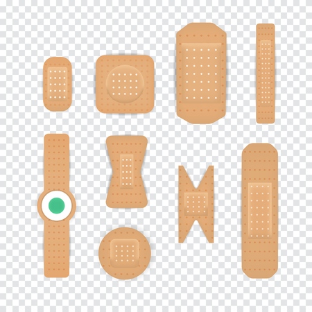 Realistic band plaster strips set. On transparent background. Vector illustration.のイラスト素材