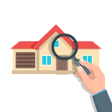 House search, test, vector illustration, real estate concept. Hand holding magnifying glass.のイラスト素材