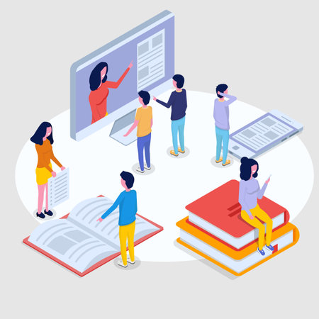 Online education isometric concept,  training courses. 3d isometric people. Vector illustration.のイラスト素材