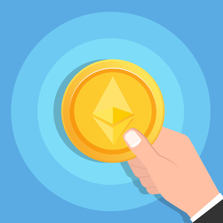Man hand holding  Ethereum Cryptocurrency gold coin icon. Blockchain technology concept. Vector illustration.のイラスト素材