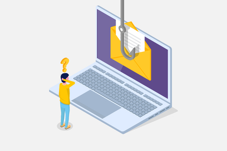 Data phishing isometric, hacking online scam on laptop concept. Fishing by email, envelope and fishing hook. Cyber thief. Vector illustration.のイラスト素材