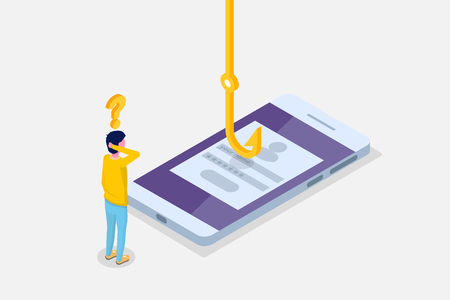 Data phishing isometric, hacking online scam on smartphone concept. Fishing by email, envelope and fishing hook. Cyber thief. Vector illustration.のイラスト素材