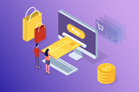 Online banking and Shoping, Mobile payments,  Transfer money isometric concept. Vector illustration.のイラスト素材