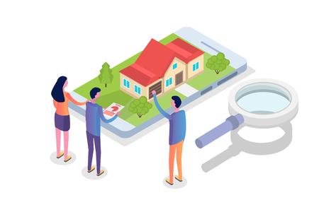 Real estate House on a map search isometric concept. Vector illustrationのイラスト素材