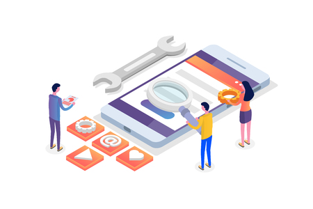 Mobile App Development isometric concept.  Landing page template. Vector illustration.のイラスト素材