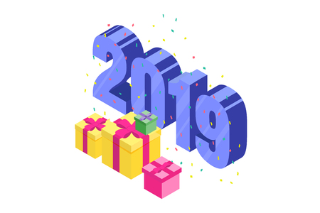 The Happy New Year 2019 isometric concept. The 3d template for greeting cards, posters, banners.のイラスト素材