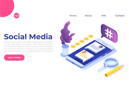 Social media isometric concept with characters. Landing page template. Vector illustrationのイラスト素材