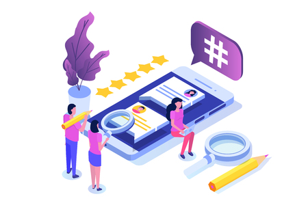Social media isometric concept with characters. Landing page template. Vector illustrationのイラスト素材