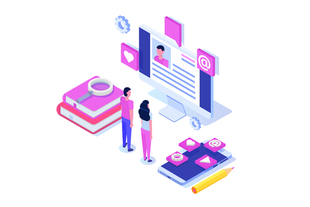 Recruitment, Job search isometric concept. Use for presentation, social media, cards, web banner. Vector illustrationのイラスト素材
