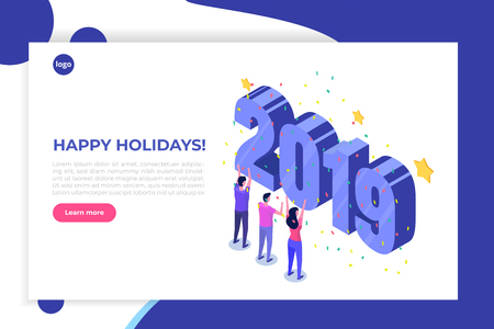 The Happy New Year 2019 isometric concept. The 3d template for greeting cards, posters, banners.のイラスト素材