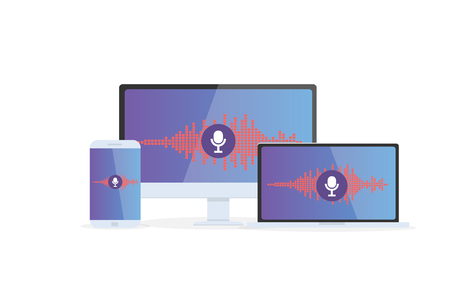 Voice recognition Personal assistant on mobile app. Concept flat vector illustration of device with microphone icon on screen and voice and sound imitation lines.のイラスト素材