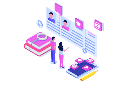 Recruitment, Job search isometric concept. Use for presentation, social media, cards, web banner. Vector illustrationのイラスト素材