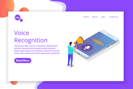 Voice messages, Voice recognition isometric concept with character. Can use for web banner, landing page template, infographics.のイラスト素材