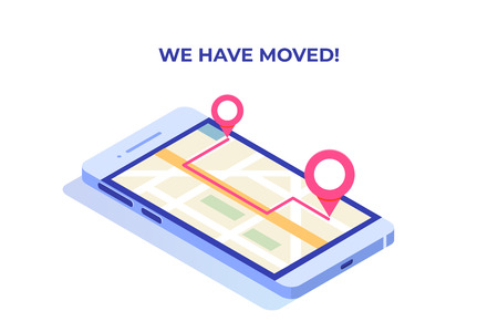 We have moved, changed address isometric concept, landing page template. Mobile navigation,GPRS.のイラスト素材