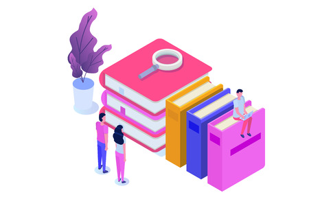 Online digital library isometric, online book shop, e-learning, eBook. Vector illustration.のイラスト素材
