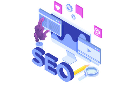 Web seo optimization illustration concept isometric. Landing page template. Sticker for web banner, web page, banner, presentation, social media, documents, cards, posters.のイラスト素材