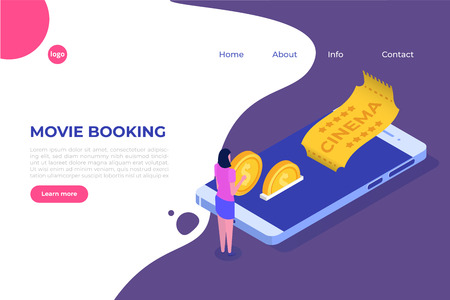 Online cinema tickets booking isometric concept. Mobile app. Vector illustrationのイラスト素材