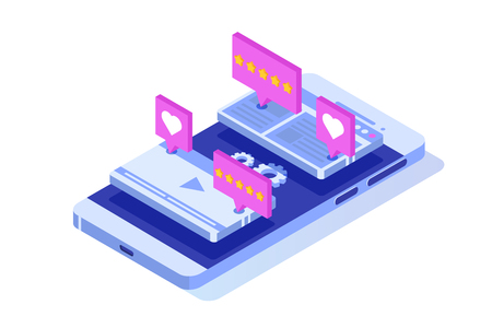 Customer review, Usability Evaluation,  Feedback,  Rating system isometric concept. Vector illustrationのイラスト素材