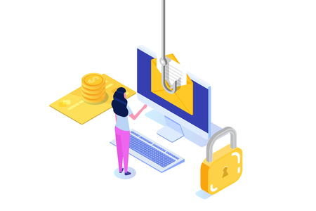 Data phishing isometric, hacking online scam on desktop concept. Fishing by email. Cyber thief. Vector illustration.のイラスト素材