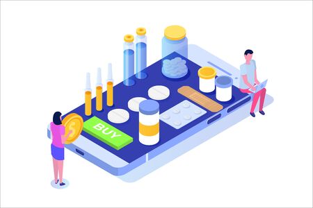 Online pharmacy isometric concept with  medicine pills bottle. Vector illustrationのイラスト素材