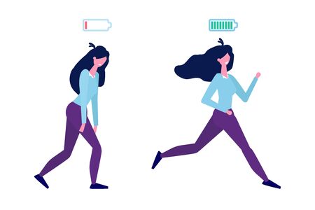 Full of energy and tired businesswoman with full charge and uncharged battery flat style concept.  Vector illustrationのイラスト素材
