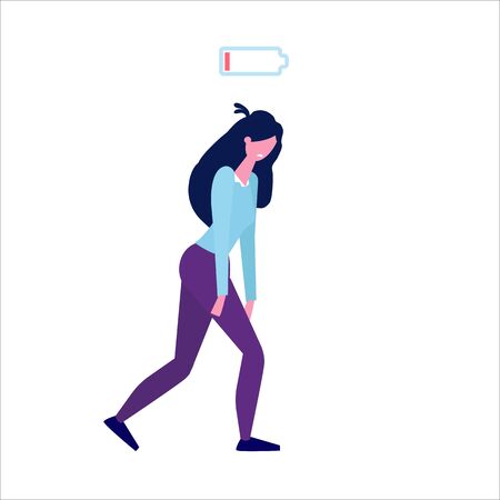 Low of energy and tired businesswoman with  uncharged battery flat style concept.  Vector illustrationのイラスト素材