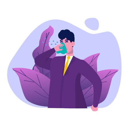 Seasonal allergy vector illustration. Office man with allergy symptoms - health landing page, banner templateのイラスト素材