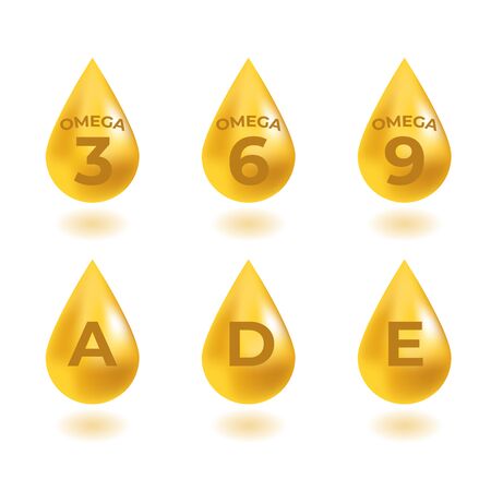 Omega 3, 6, 9 acids and vitaminsA, D, E drops gold icon. Polyunsaturated fatty.  Nutrition skin care design and Beauty treatment. Vector illustration.のイラスト素材