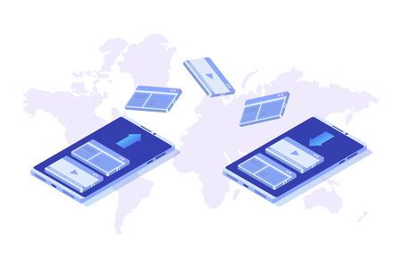 File transfer on smartphone isometric concept.  Syncing, Cloud technology. Vector illustrationのイラスト素材
