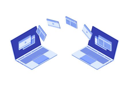 File transfer on notebook isometric concept.  Could representing syncing. Vector illustration