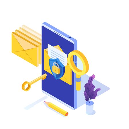 Protecting computer data, Email encryption isometric concept. Vector illustration.のイラスト素材