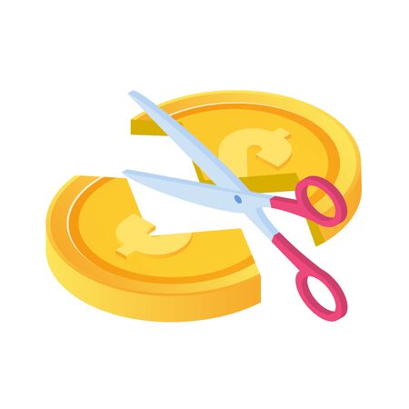 Scissors cutting money. Divide money, share profits or Sale concept Discounts symbol. Cost reduction or cut price. . Vector isometric illustration.のイラスト素材