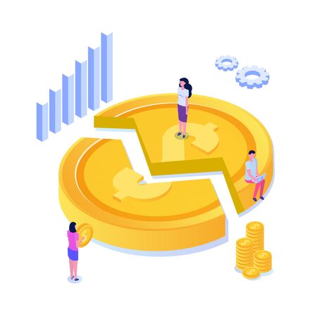 Divide money concept, share profits. Vector isometric illustration.のイラスト素材