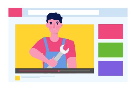 Video blogger, Video tutorials, web vlog,  blog online concept. People On Internet Video.  Tuber character. Vector illustration.のイラスト素材