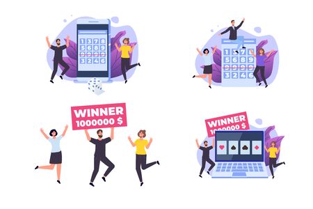 Flat lottery or Bingo, Gambling business concept. Tiny winer persons. Vector illustration.のイラスト素材