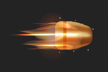 Realistic flying bullet with fire trace. 3D vector isolated on transparent background illustration.のイラスト素材