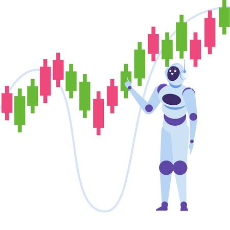 Robot investing, Robo-advisor. Artificial intelligence and businessman using IT algorithms for Forex tradings. Vector illustrationのイラスト素材