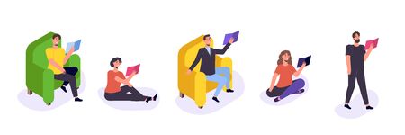 Students reading book,  preparing for examination. Set Books lover concept. Vector Illustrationのイラスト素材