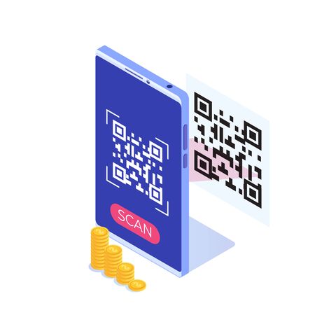 Use smartphone for QR code scanning. Vector  isometric illustration.のイラスト素材