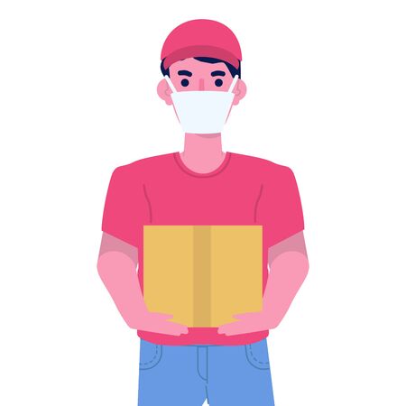 Safe Food delivery concept with character.  Courier delivering grocery order. Vector cartoon illustrationのイラスト素材