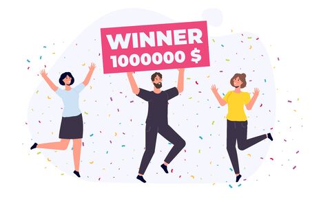 People holding giant check. Winning  ticket. You are winner.  Bib win lottery. Vector illustrationのイラスト素材