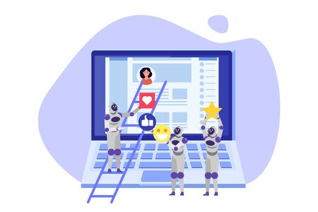 Social media bots,  Fake accounts concept.  Automation method to gain followers. Vector illustration.のイラスト素材