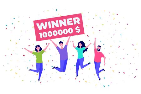 People holding giant check. Winning  ticket. You are winner.  Bib win lottery. Vector illustrationのイラスト素材