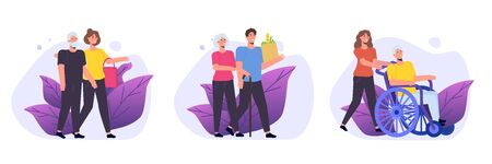 Social workers or Volunteer Care about senior people. Vector illustration.のイラスト素材