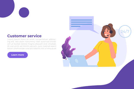 Call center template. Customer service, hotline concept. Office workers with headsets, telemarketing agents. Vector illustrationのイラスト素材