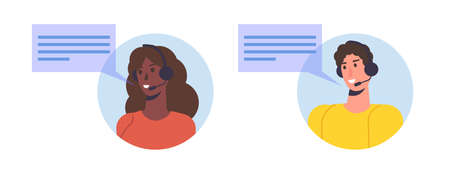 Call center avatar. Customer service, hotline concept. Office workers with headsets, telemarketing agents. Vector illustrationのイラスト素材