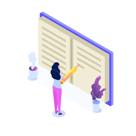 Notes, Diary writing concept. Woman write journal. Vector illustrationのイラスト素材