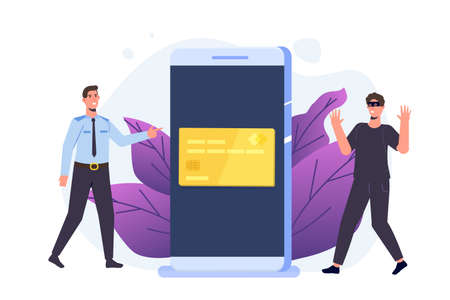 Cyber police, theft and fraud committed, cardholder attack concept.  Policeman arresting a hacker. Stop financial crime. Vector flat style illustration.のイラスト素材
