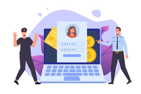 Cyber police, theft and fraud committed, cardholder attack concept.  Policeman arresting a hacker. Stop financial crime. Vector flat style illustration.のイラスト素材