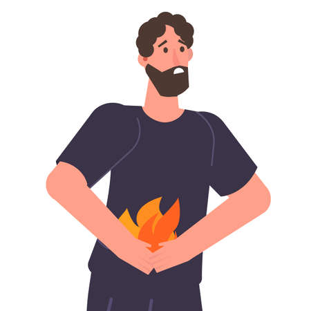 Man holding abdomen. Heartburn and stomach problems concept.  Vector illustration.のイラスト素材